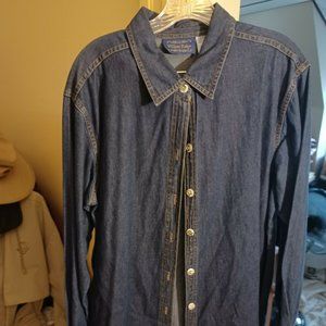Womens Vintage Willow Ridge L Cotton Denim Top Ribbon Trim Tunic Button …